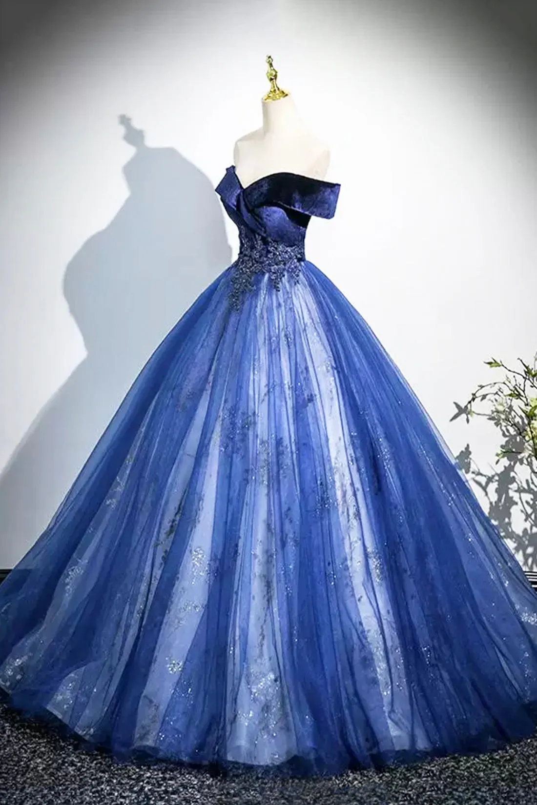 Blue Velvet Sequins Long Prom Dress, Elegant Off the Shoulder Party Dress