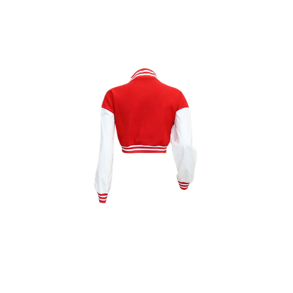 Brown Cropped Varsity Jacket Pilot Jacket Women's Baseball Uniform PU Leather Splicing Coat