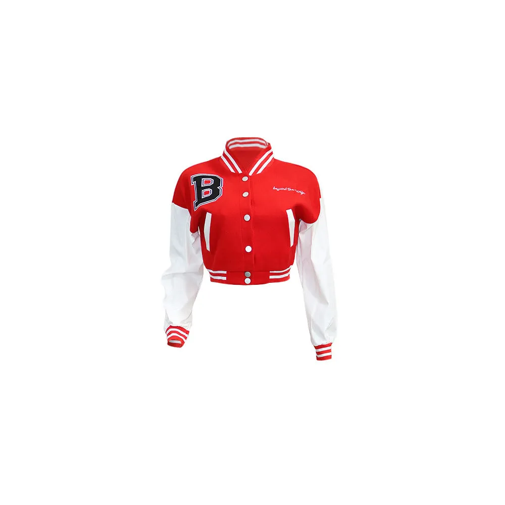 Brown Cropped Varsity Jacket Pilot Jacket Women's Baseball Uniform PU Leather Splicing Coat