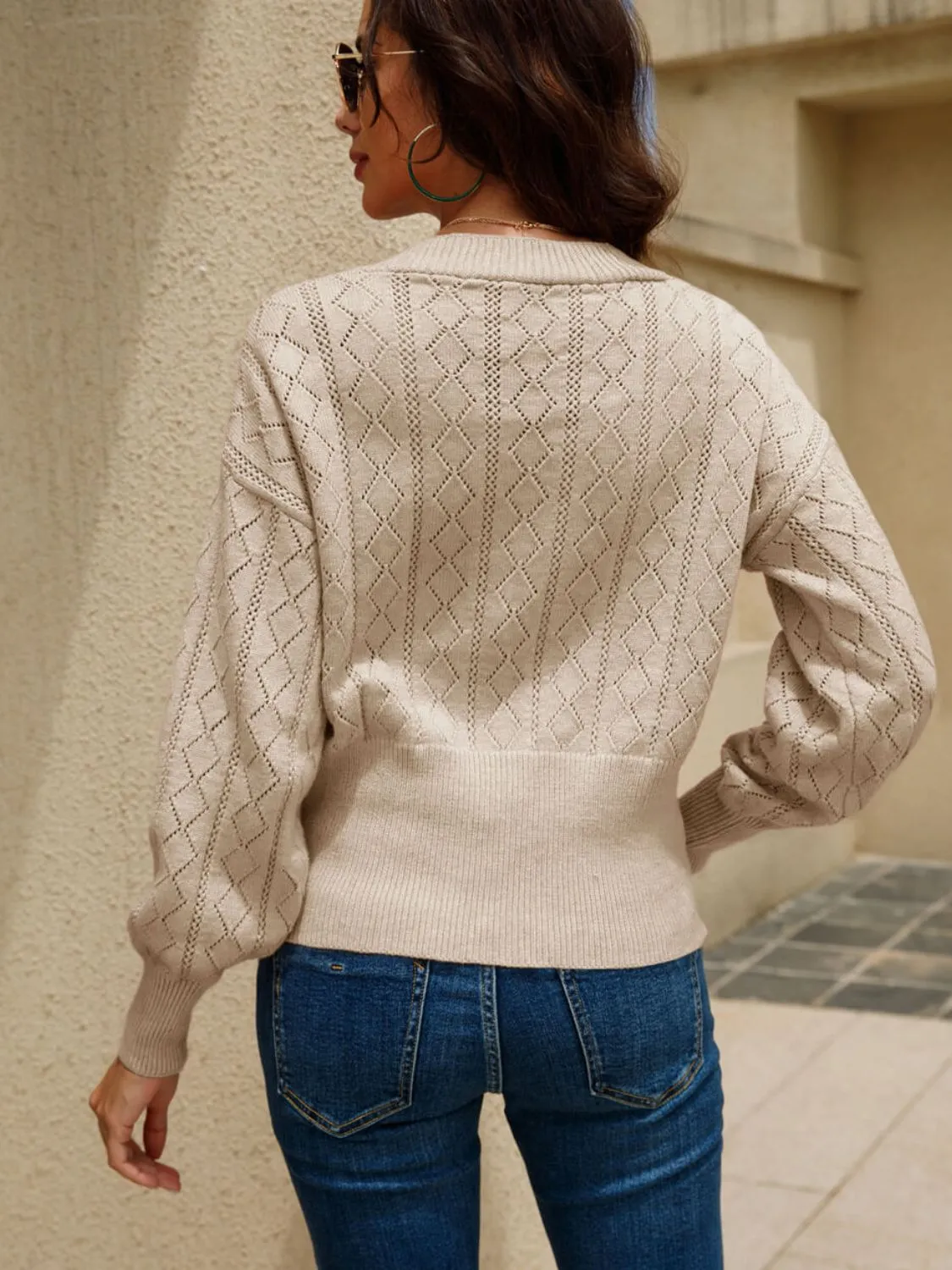 Button Front V-Neck Openwork Cardigan