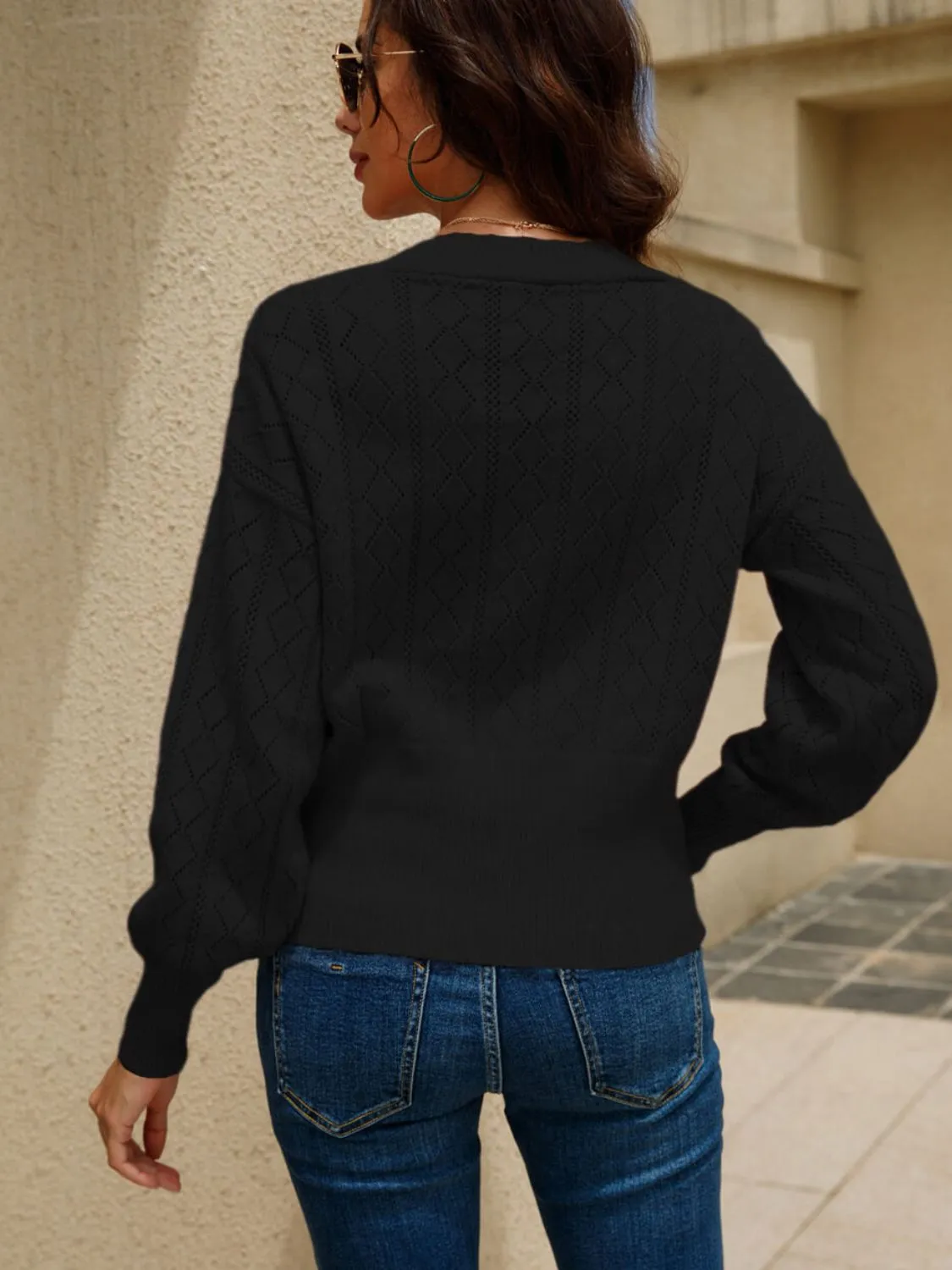Button Front V-Neck Openwork Cardigan