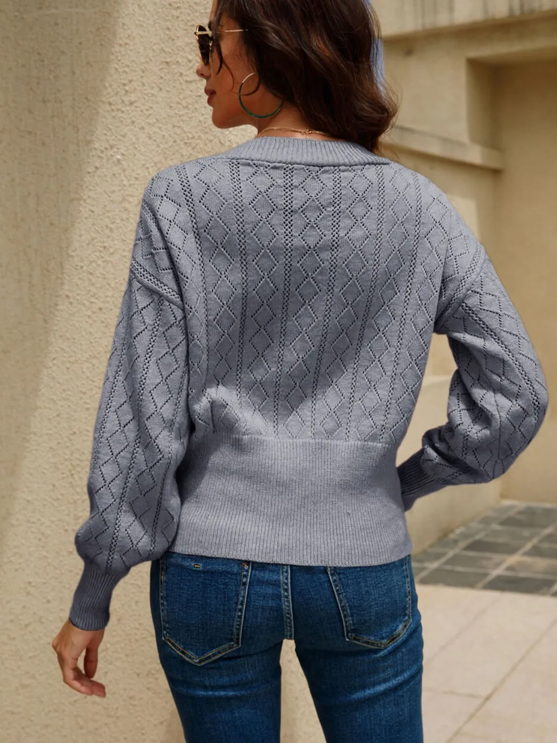 Button Front V-Neck Openwork Cardigan
