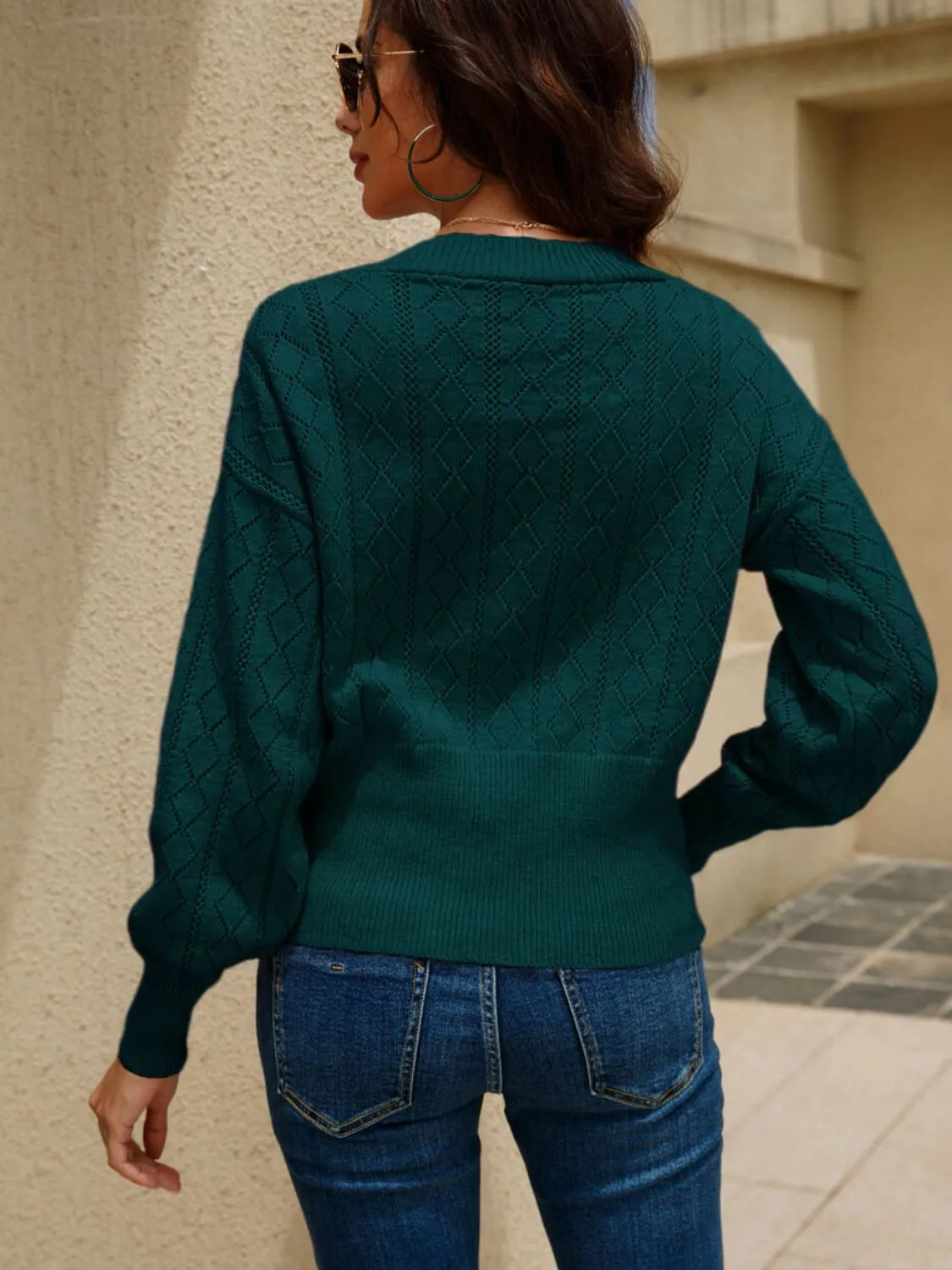 Button Front V-Neck Openwork Cardigan