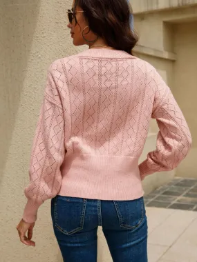 Button Front V-Neck Openwork Cardigan