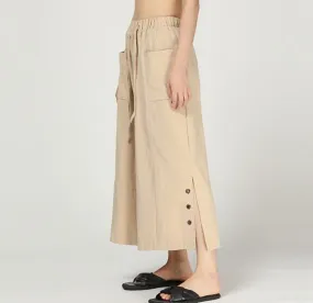 Buttons Wide Legs Pants Black Summer Women Casual Linen Harem Pants HD971310