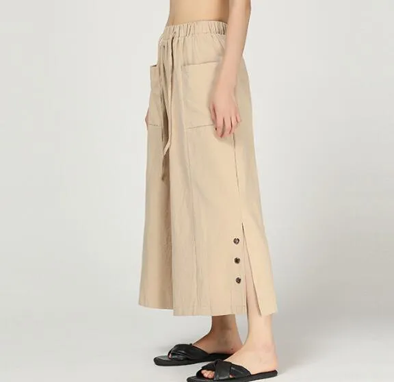 Buttons Wide Legs Pants Black Summer Women Casual Linen Harem Pants HD971310