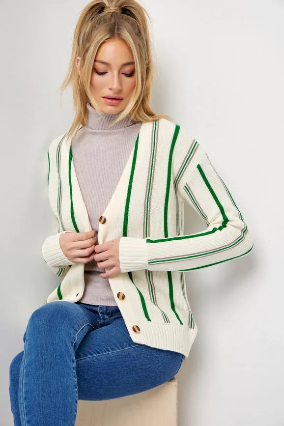 Classic Pinstripe Knit Cardigan CREAM/GREEN