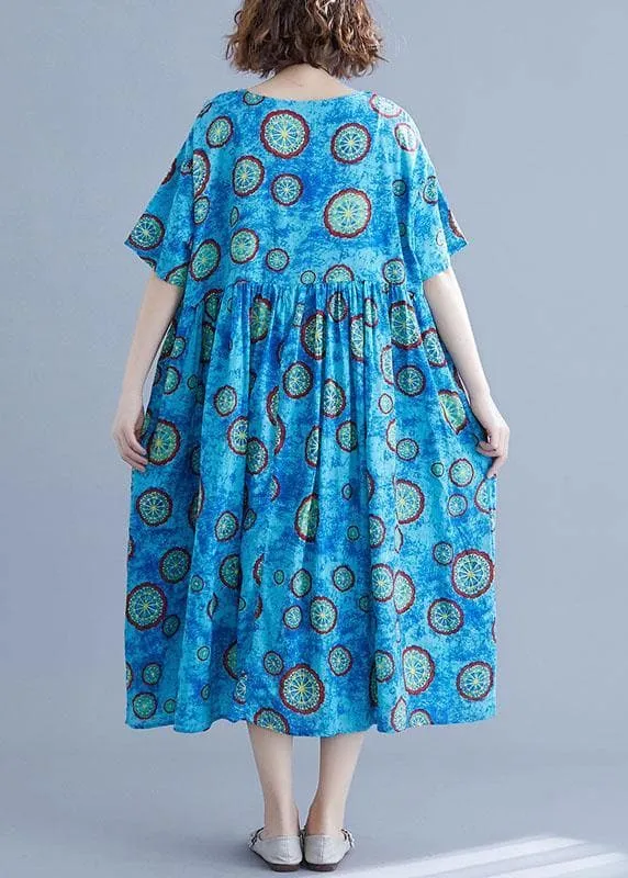 Classy blue print cotton dresses o neck pockets Kaftan summer Dresses
