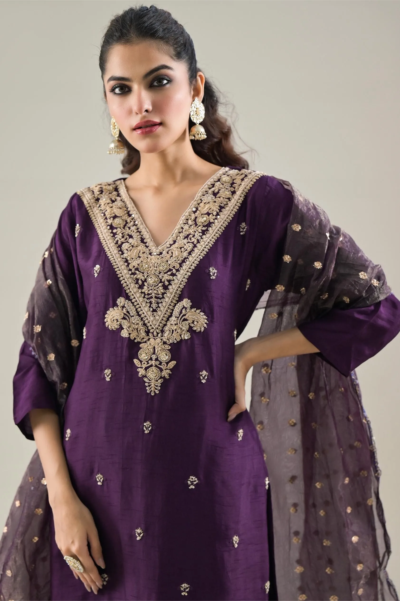 Dark Wine Embroidered Raw Silk Pants Set