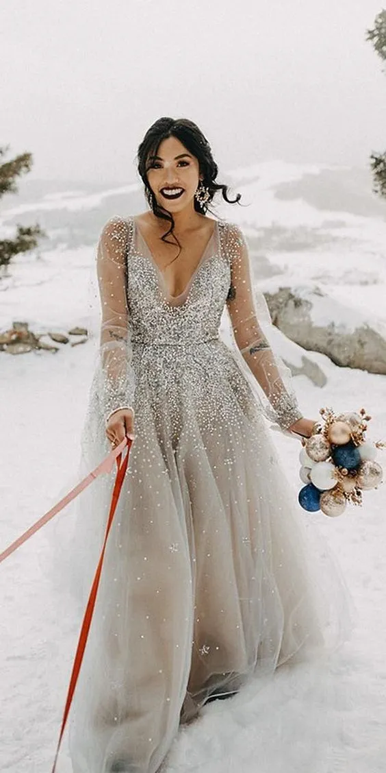 Long Sleeve Beaded Plus Size Wedding Dress