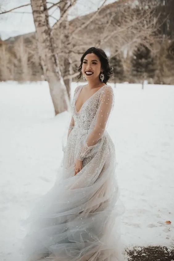 Long Sleeve Beaded Plus Size Wedding Dress