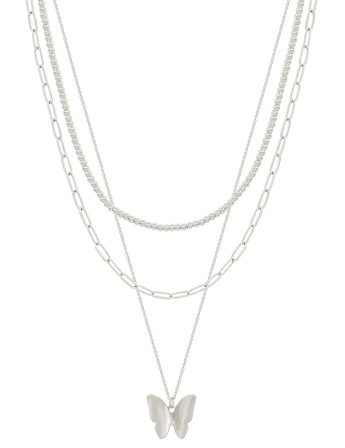 Matte Silver Butterfly Layered Necklace