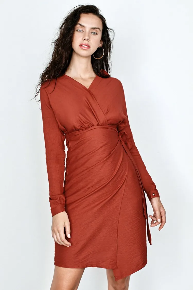 Orange Wrap V-Neck Midi Dress