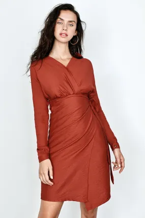 Orange Wrap V-Neck Midi Dress