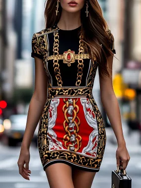 Vintage Golden Chain Print Short Sleeve Bodycon Dress