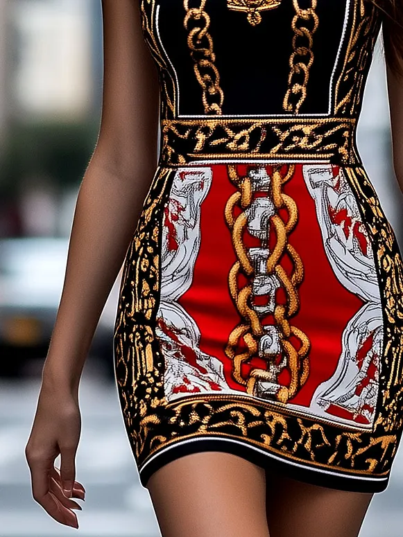 Vintage Golden Chain Print Short Sleeve Bodycon Dress