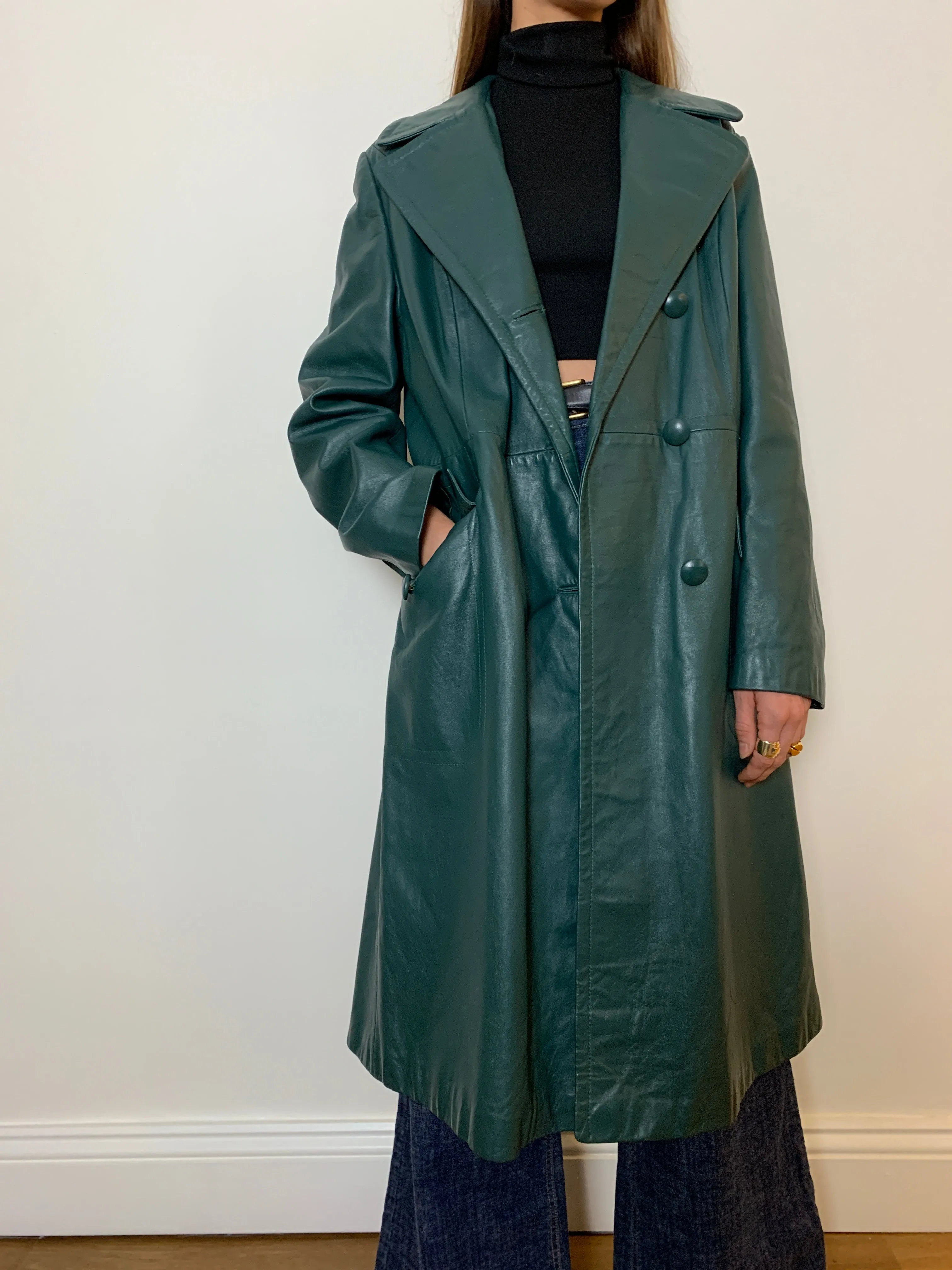 Vintage green leather trench coat