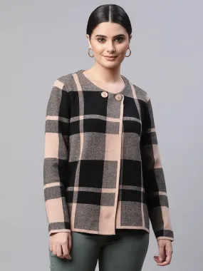 Women Round Neck Straight Full Sleeves Caramel Checkered Regular Fit Knitted Cardigan