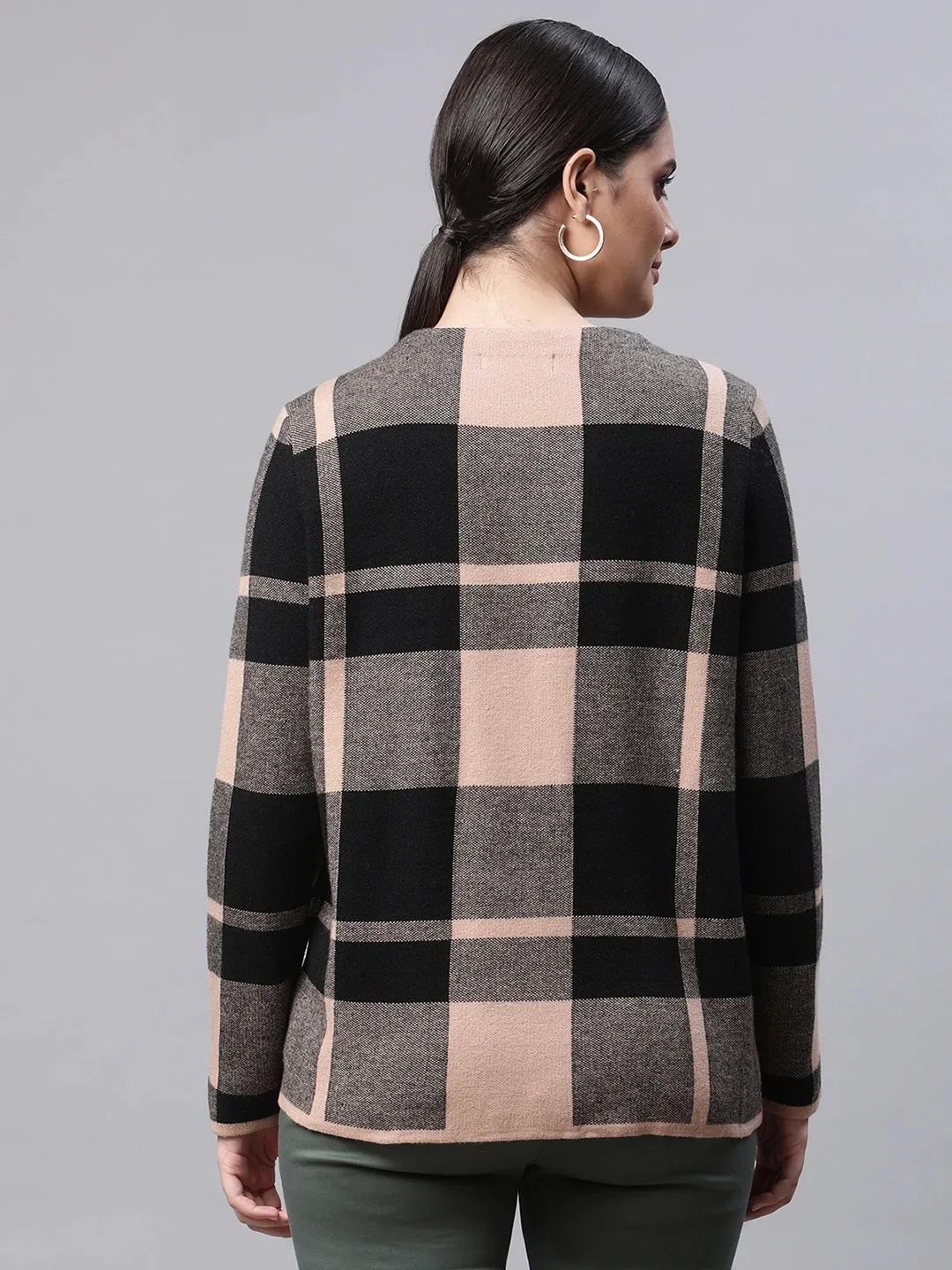 Women Round Neck Straight Full Sleeves Caramel Checkered Regular Fit Knitted Cardigan